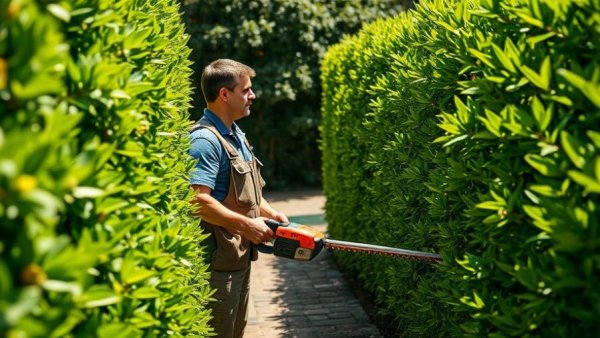 Gardener trimming hedge in bright sunlight - Hedge Care Techniques for San Francisco Homeowners.