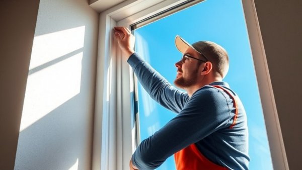 Worker upgrading windows to reduce noise pollution, blue sky background.