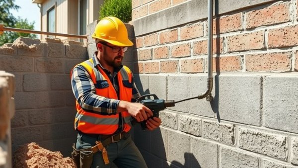 Construction worker waterproofing basement wall in Canada.