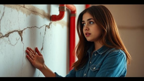 Concerned woman examining water damage in home, visible red pipe.