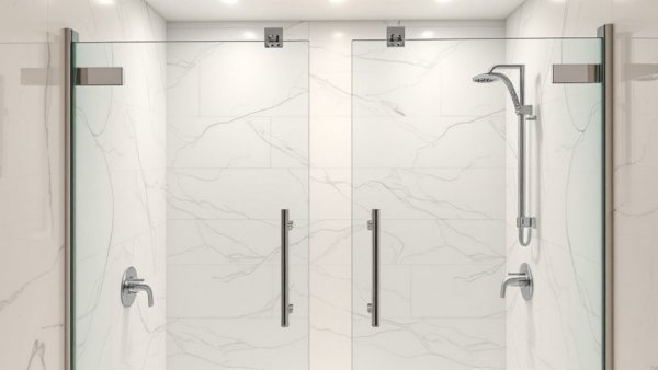 Modern glass shower doors in a luxurious marble bathroom.