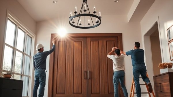 Home improvements for selling: workers installing new door.