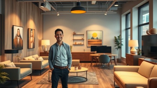 Office room makeover with stylish modern decor and artwork.