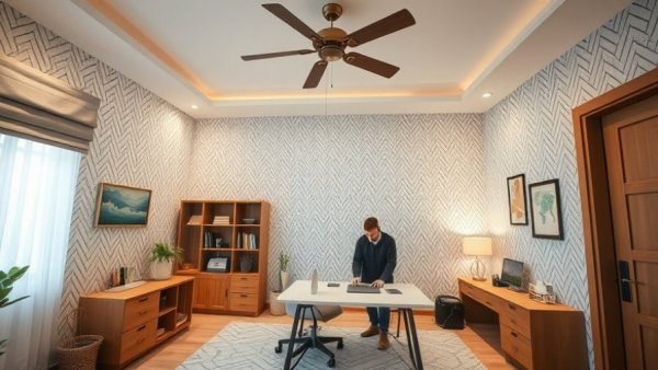 Modern office desk trends in a stylish room with geometric wallpaper.