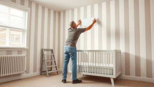 Nursery room makeover in progress with wallpaper being applied.