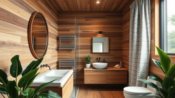 Modern wooden bathroom with budget makeover elements.