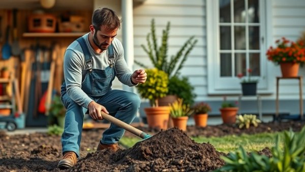Person decluttering yard with rake among organized garden tools.