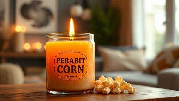 Caramel popcorn-themed candle for home ambiance.
