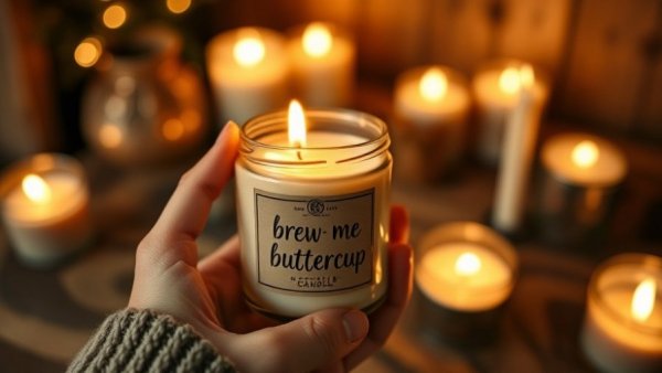Coffee candle labeled 'brew me up buttercup' held in hand, San Francisco