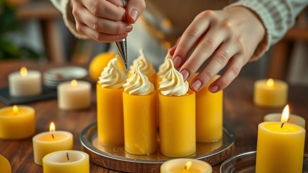 Hands piping frosting on lemon cake candles, candle-making process.