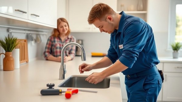 Plumber inspecting kitchen sink pipes for professional drain cleaning.