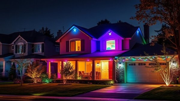Outdoor LED lights benefits: Colorful LEDs enhance a home's charm.