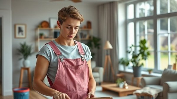 Person applying limewash to fireplace in modern living room.