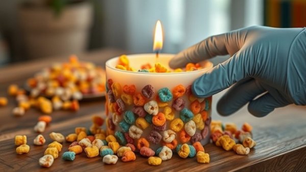 Cereal candle being crafted, trending wax design with cereal pieces.