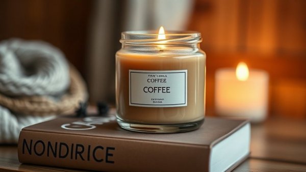 Coffee scented candle lit on a book, cozy ambiance.