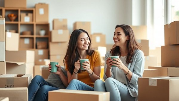 Women enjoying a stress-free move with coffee amid boxes.