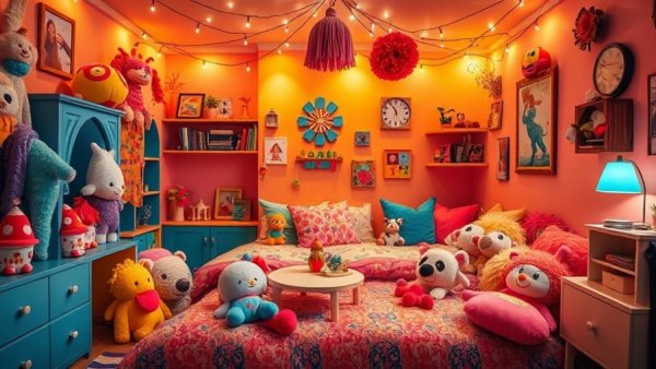 Bedroom makeover inspiration with plush toys and bright decor