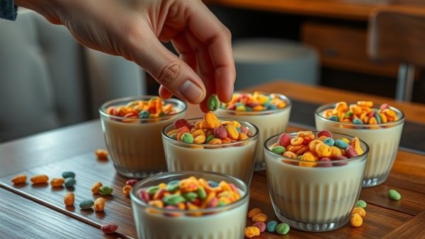 Hand crafting fruity cereal candles with colorful detail.
