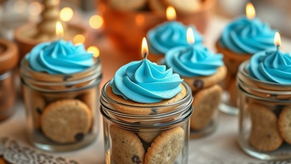 Cookie craze wickless candle arrangement on a table with blue frosting.