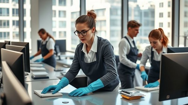 Commercial cleaning team sanitizes office for workplace illness prevention