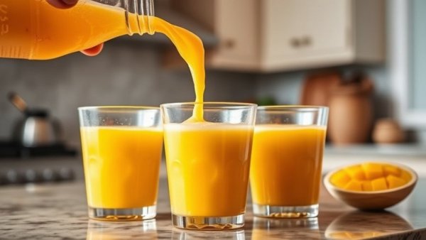 Close-up of Mango Bellini candles being poured into cups.