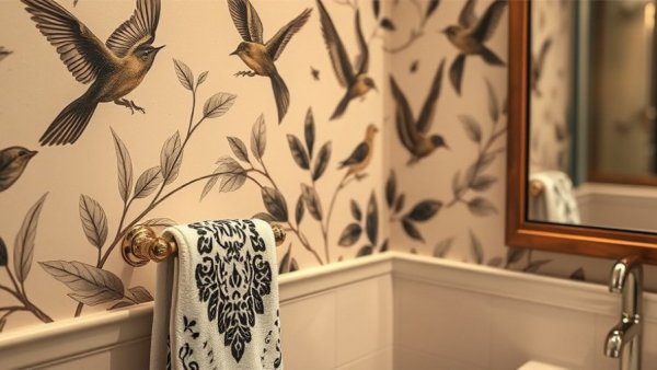Luxurious bathroom refresh with bird-themed wallpaper.