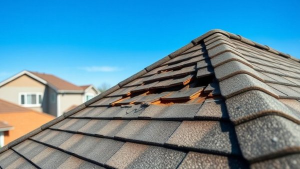 Damaged roof showcasing common roofing problems in a suburban area.