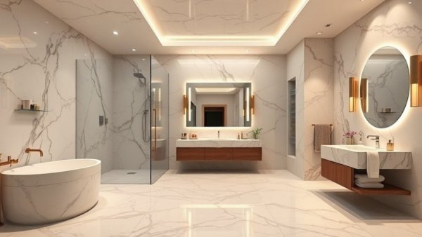 Luxurious bathroom with marble walls and modern fixtures, choosing natural stone for home.