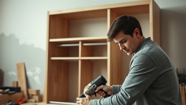 Assembly of a modular closet, person using a power tool.