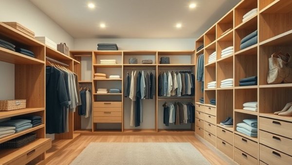 Spacious walk-in closet with modular closet systems, organized and bright.