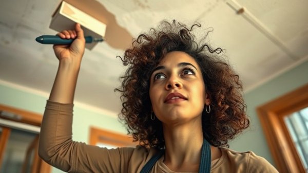 Woman painting ceiling during home renovation, San Francisco Bay Area.