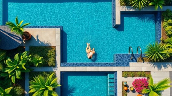 Aerial view of a landscaped swimming pool with lush greenery.