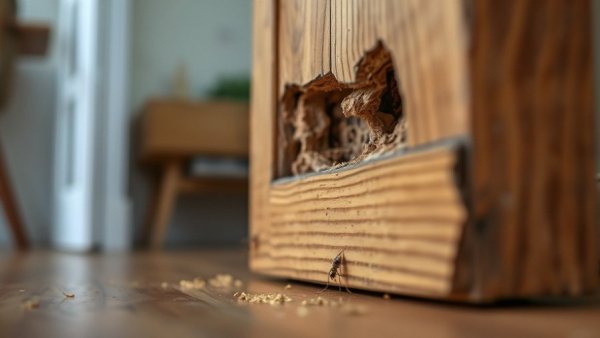 Close-up of termite damage on wooden door frame, showcasing inspection importance.
