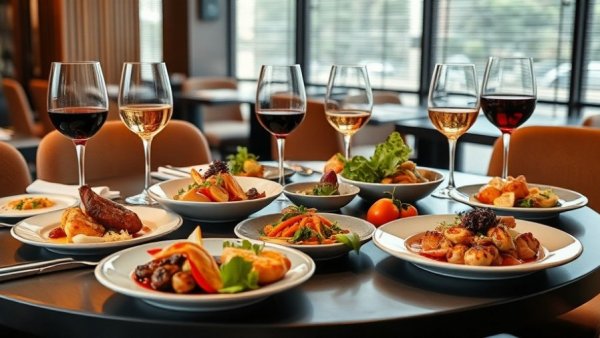 Gourmet dishes and wine on a table in a London restaurant