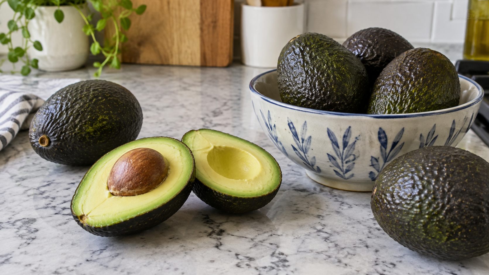 Textured avocados on patterned textile.