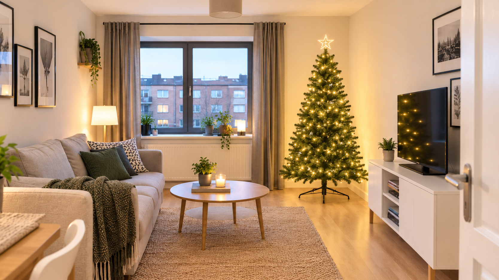 IKEA STRÅLA LED tree in a festive Christmas dining setup.