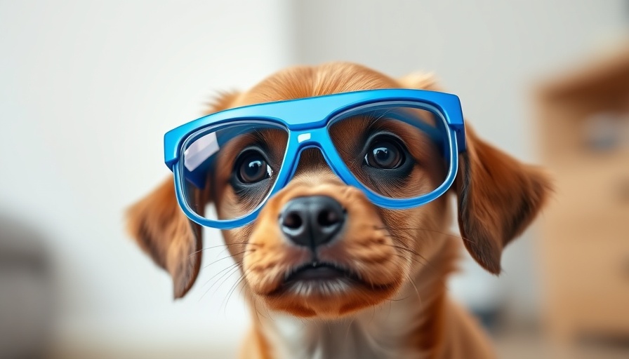 Brown dog with protective eyewear indoors.