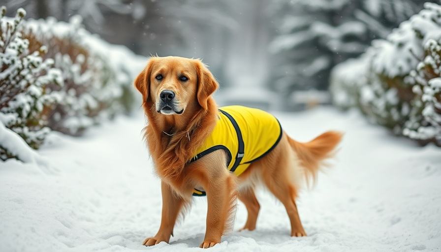 Golden Retriever in a yellow vest on a snowy path to keep your dog safe on winter walks.