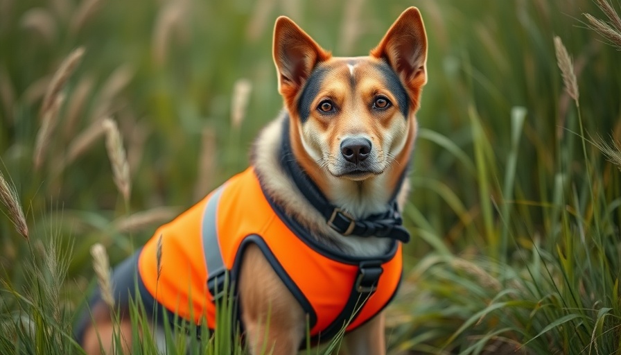 Dog in orange safety vest for hunting in field.