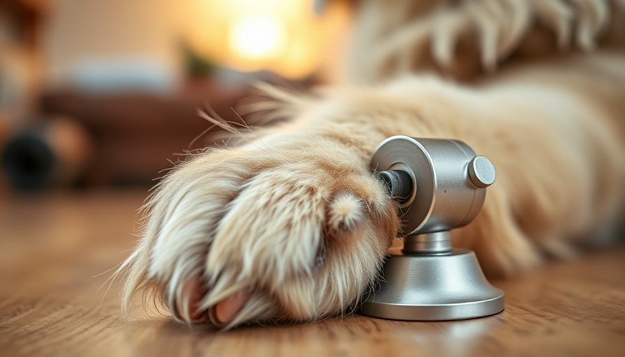 Dog nail grinder with safety guard near a dog's paw on a wooden table.