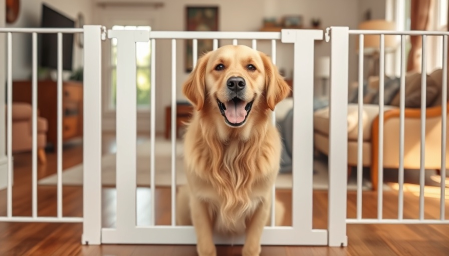 Golden Retriever behind Safety 1st dog gate in cozy living room.