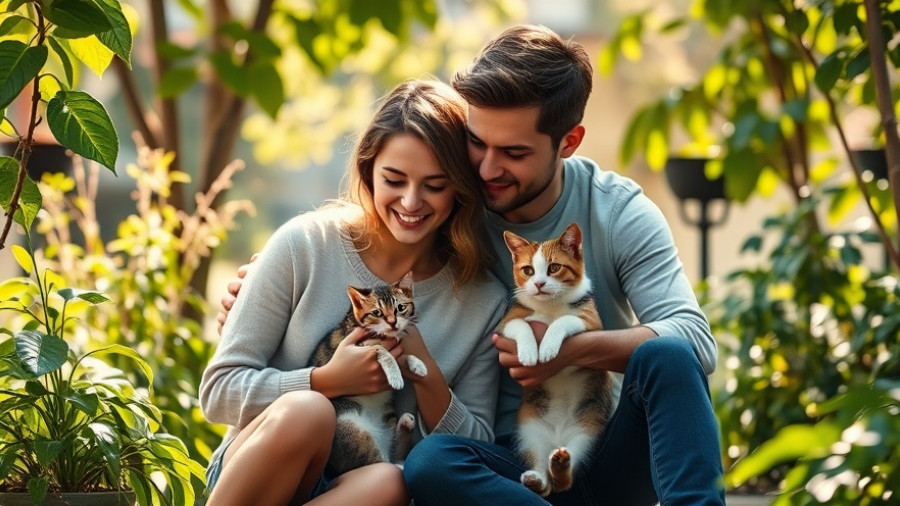 Couple with cat and dog celebrating Pet Wellness Month in a garden.