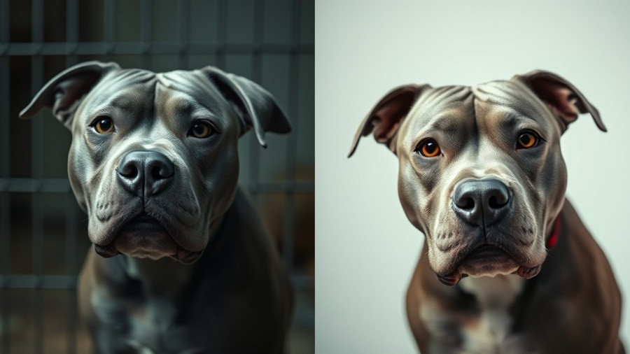 Before and after pet adoption photography highlighting pitbull's transformation.