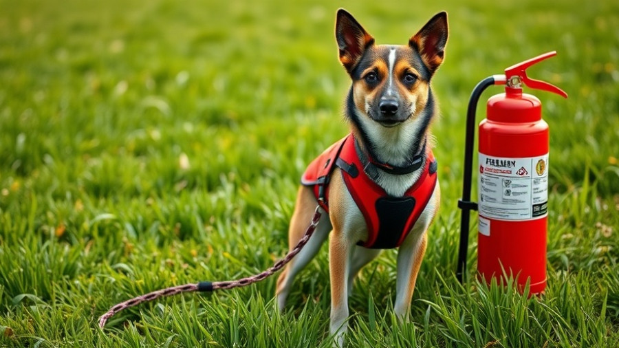 Train your dog for fire safety: Dog in fire vest with extinguisher.
