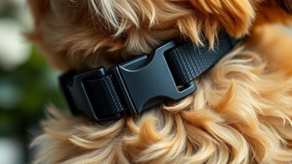 Close-up of dog safety clip on collar showcasing texture and security.