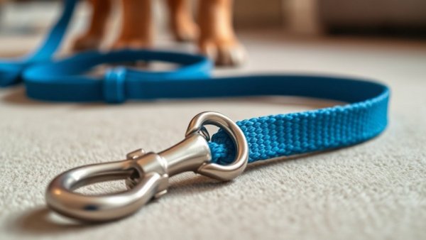 Close-up of blue dog leash safety strap with dog paws in background.