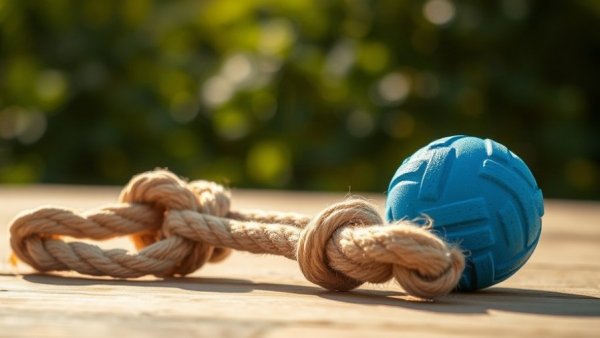 Close-up of safe dog toys: durable rope and blue ball.