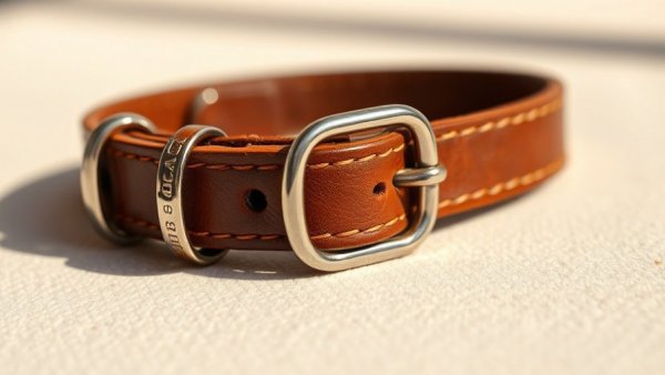 Brown leather dog collar with safety clip on beige surface.