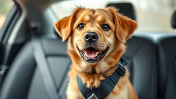 Dog safely secured with seatbelt in car, highlighting dog safety in cars.
