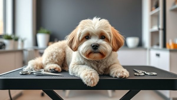 Safety scissors dog grooming at home with a cute fluffy dog.